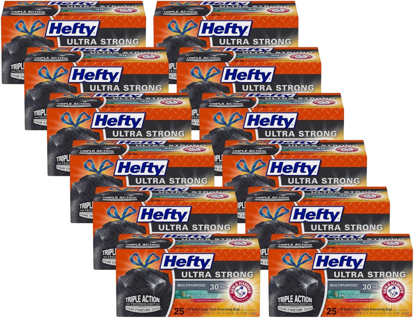 Hefty Ultra Strong Multipurpose Trash Bags, Black Large Flexible Bags with Drawstring, White Pine Breeze Scent, 30 Gallon Bags, 25 CT Bags Per Pack (Pack of 12)