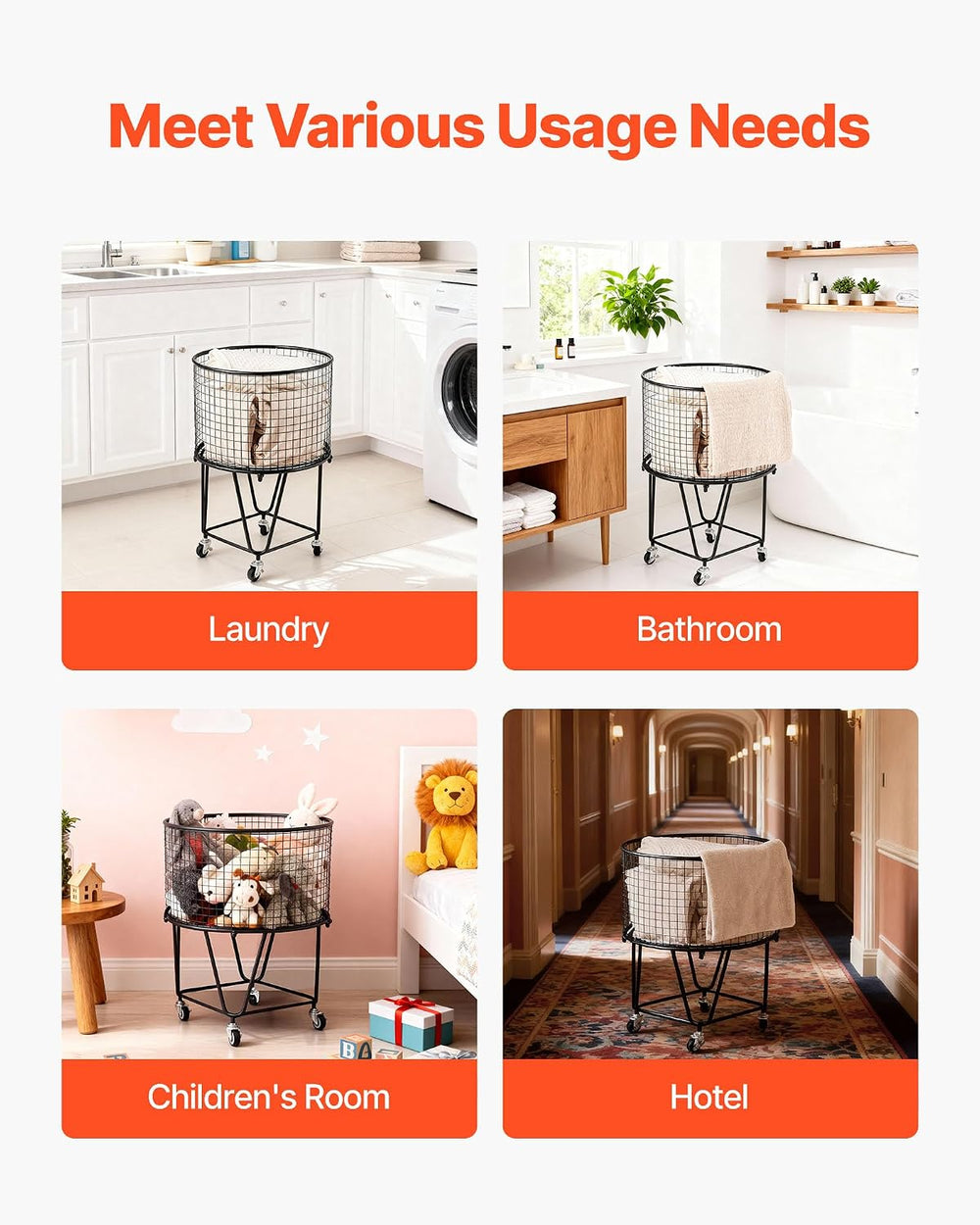 VEVOR Laundry Basket with Wheels, Metal Storage Cart Deep Set Rolling Mesh La...