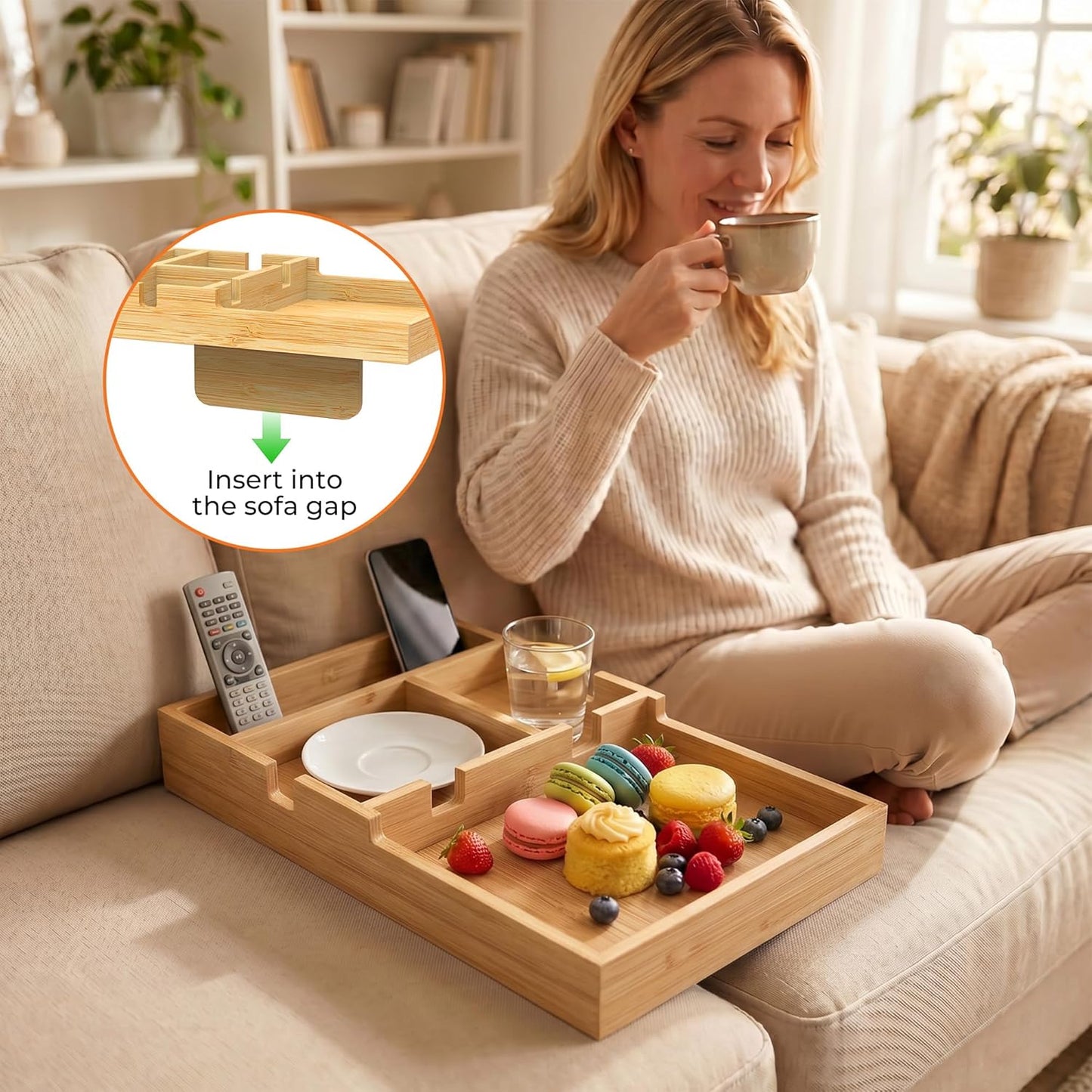 Couch Tray Insert for Middle Seat, Bamboo Couch Table with 2 Cup Holders, Natural, Fits Armless Sofa & Sectionals