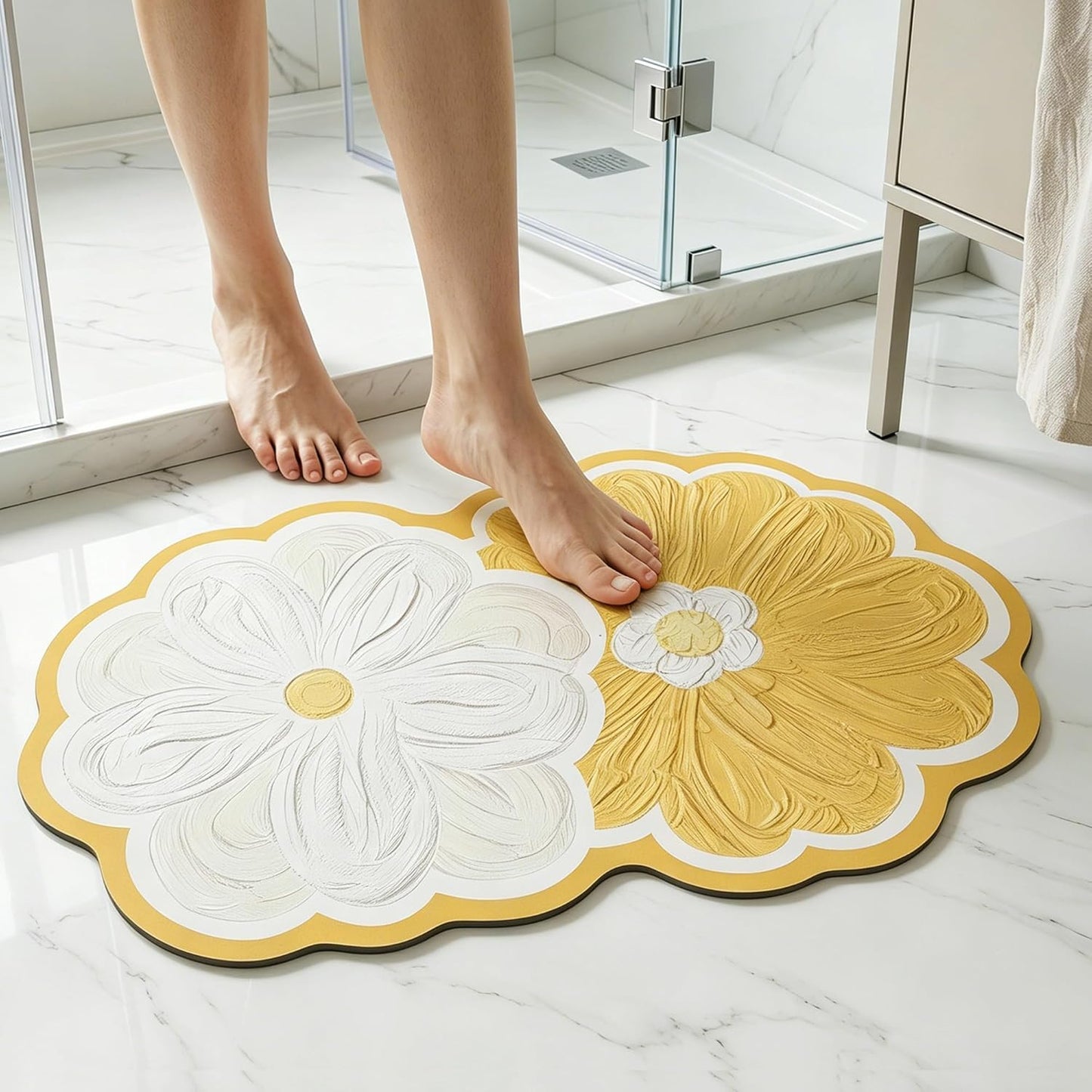Yellow Daisy Shaped Bath Mat 20"x32", Faux Leather Non Slip Bathroom Rug, Super Absorbent & Easy Clean Shower Mat for Tub, Shower, Bathroom Floor, Vanity
