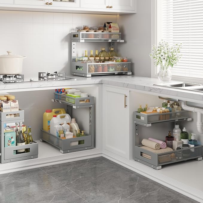 2-Pack Under Sink Storage Organizer, Large 2-Tier Elegant Mesh Pull Out Shelf
