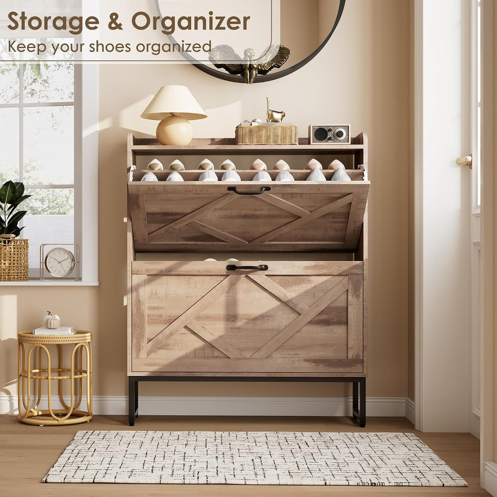 Nicetree Shoe Cabinet with 2 Flip Drawers，Freestanding Shoe Storage Cabinet, ...