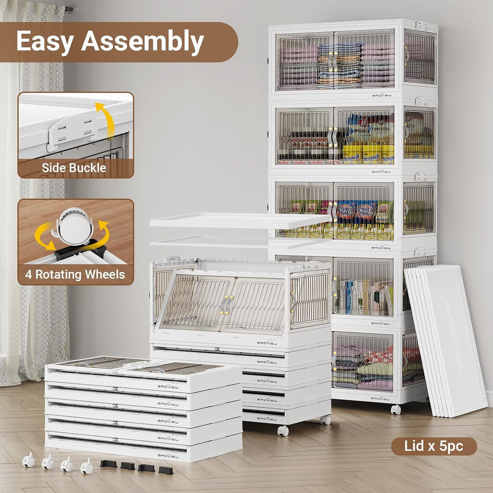 BROVIEW 480Qt Stackable Storage Bins with 4 Lids, Front and Side Open Doors, ...