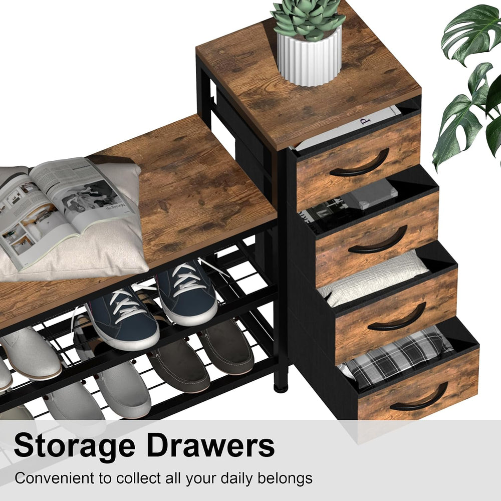 EXOTICA Industrial Shoe Storage Bench with 4 Drawers & Seat, Rustic Brown