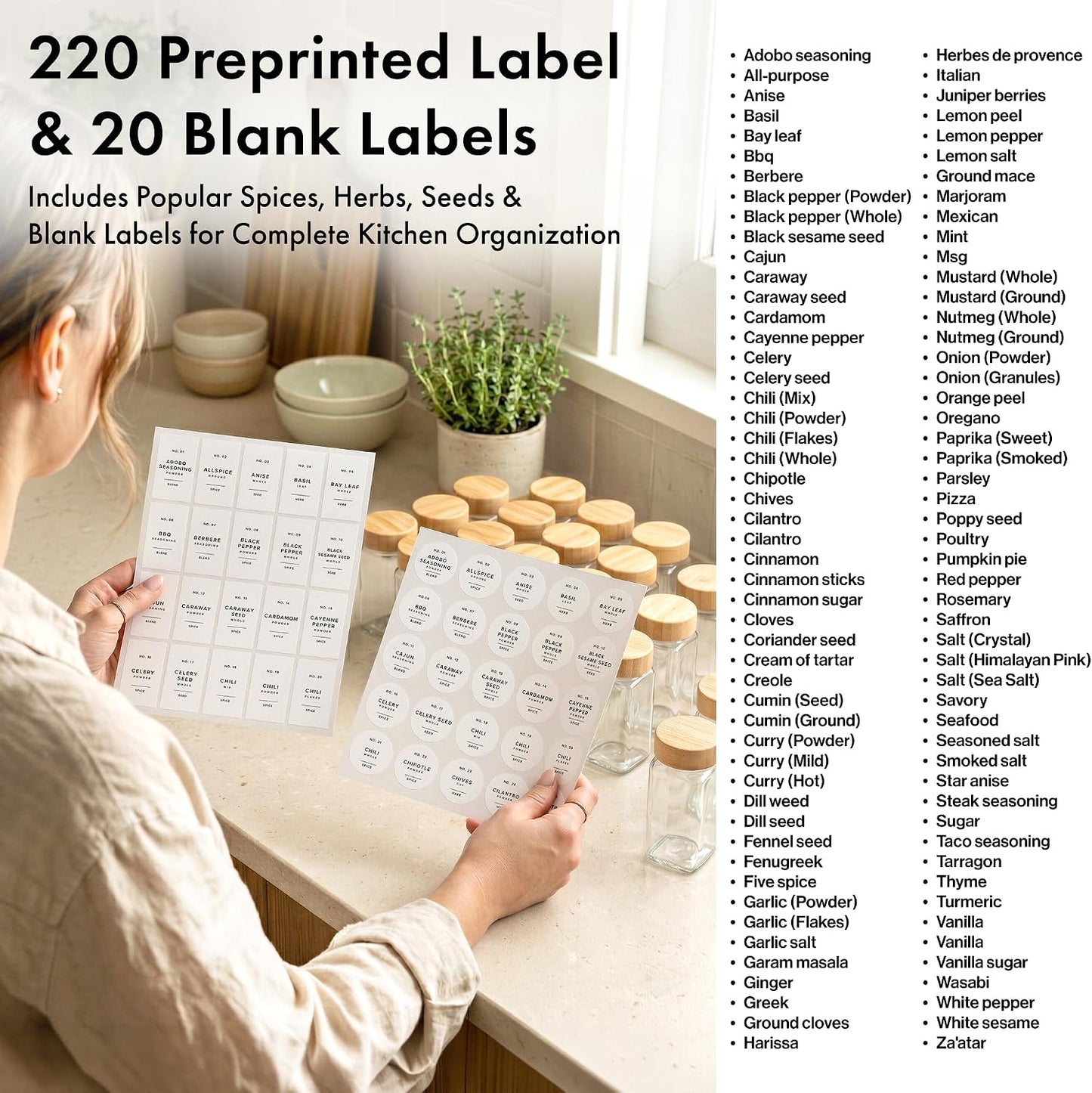 Glass Spice Jars with Label, 36x Bamboo Wooden Lids - White Labels | Airtight Lids keep spices fresh, Kitchen Spice Drawer Organizer, 4oz Seasoning Containers incl. Funnel, Brush & 240 Labels