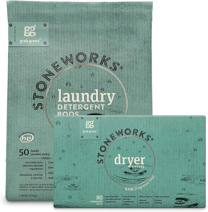 Grab Green Stoneworks Laundry Detergent Pods and Dryer Sheet Bundle, Fragrance by GrabGreen