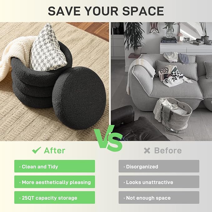 Round Ottoman with Storage Boucle Ottoman Stool with Storage Removable Lid - Image 4