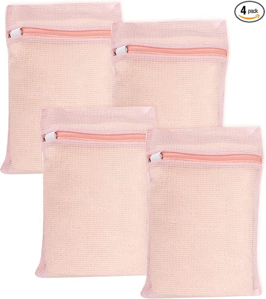 4 Piece Pink Small, Durable Organic Cotton Mesh Laundry Bag by NAHADS