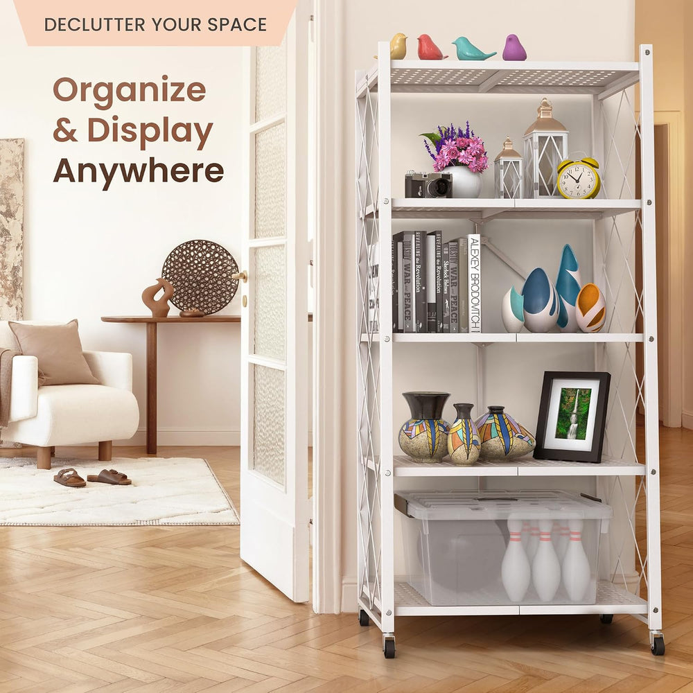 Our Modern Space 5-Tier Foldable Storage Shelf with Wheels | Metal Rack Colla...