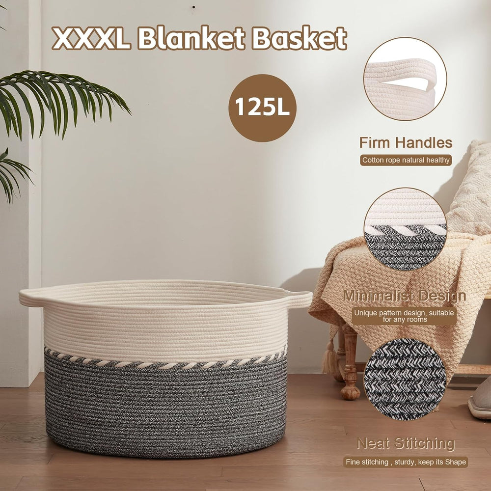 OIAHOMY 125L Extra Large Blanket Basket, Jumbo Cotton Laundry Basket Black