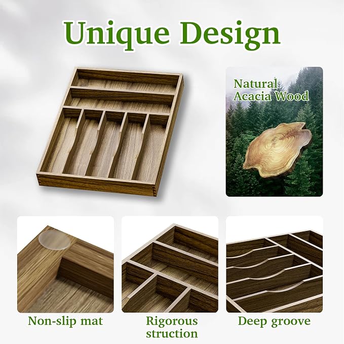 Acacia Wood Silverware Drawer Organizer, Kitchen Utensil Cutlery Drawer - Image 5