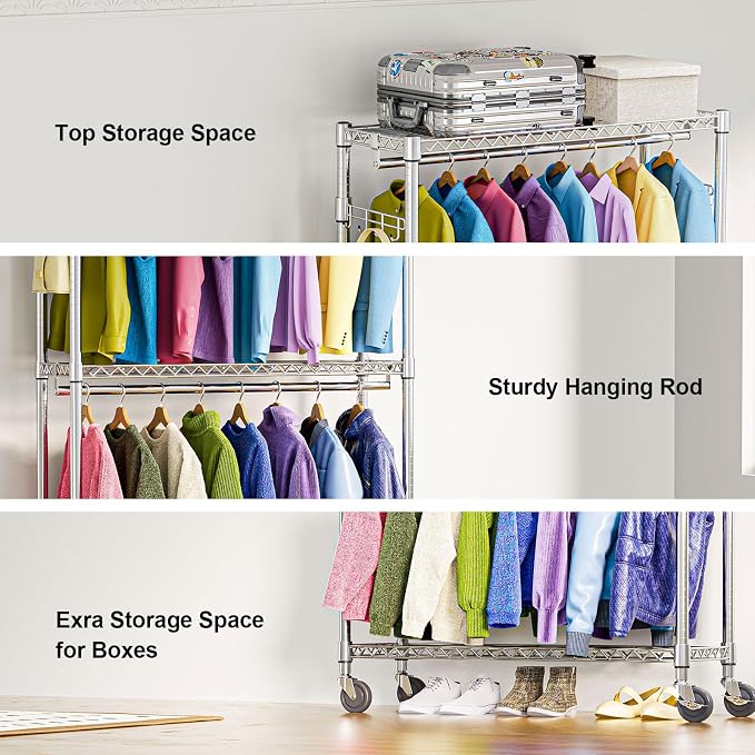 Heavy Duty Rolling Garment Rack 3 Tiers Adjustable Wire Shelving Clothes Rack - Image 4
