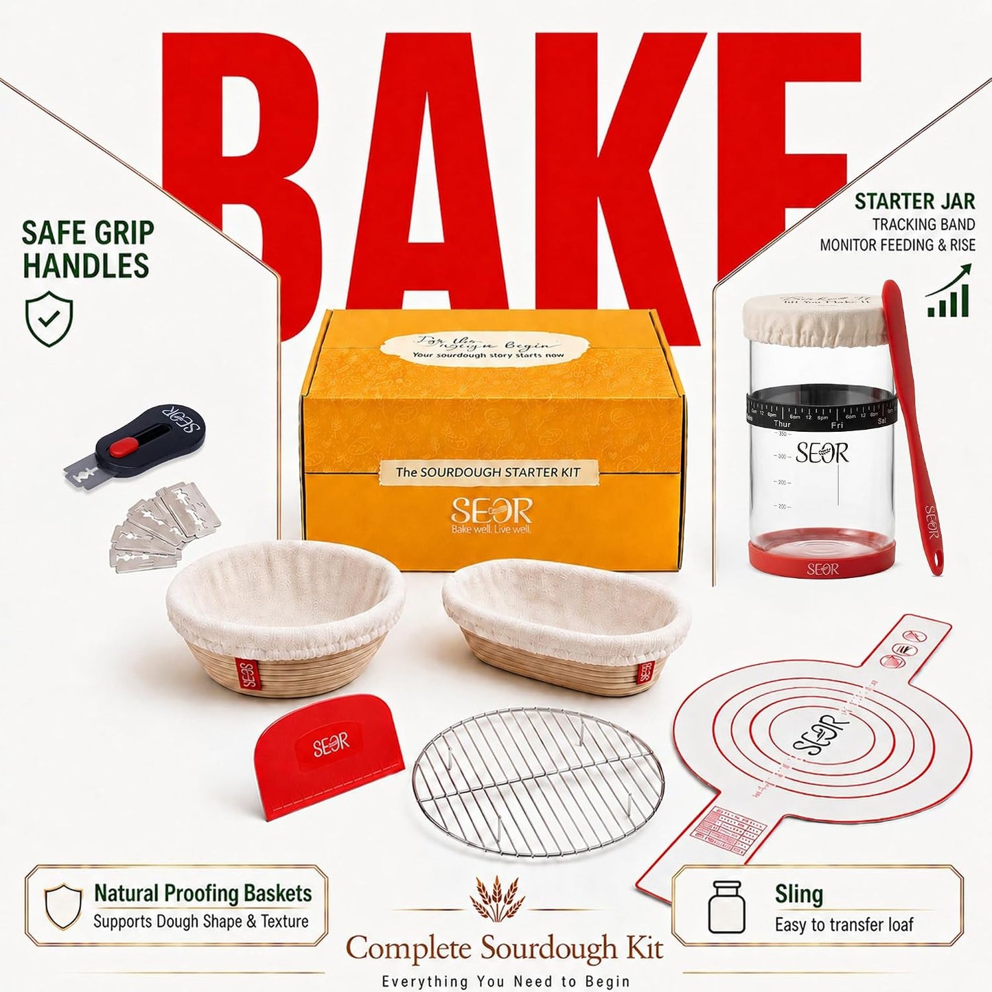 SEOR Premium Sourdough Starter Kit 42oz Glass Jar – Complete Sourdough Bread Baking Supplies with Banneton Proofing Baskets, Sour dough Tools & Accessories, Bread Making Kit
