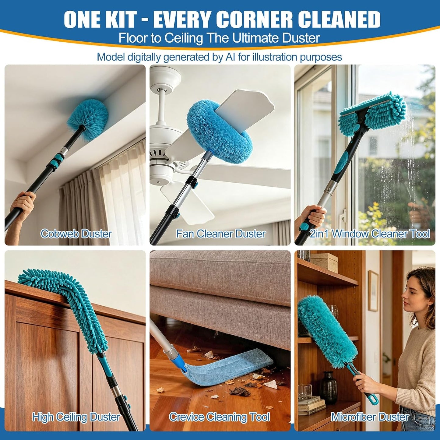 FIDISP 20 Foot High Duster with Extension Pole 4.5-12FT, 1.2" Thick Aluminum Wobble-Free Handle, 9 PCS Ceiling Fan Cleaner Duster Kit with Hooks, Spider Web Brush with Pole for High Ceilings & Outdoor