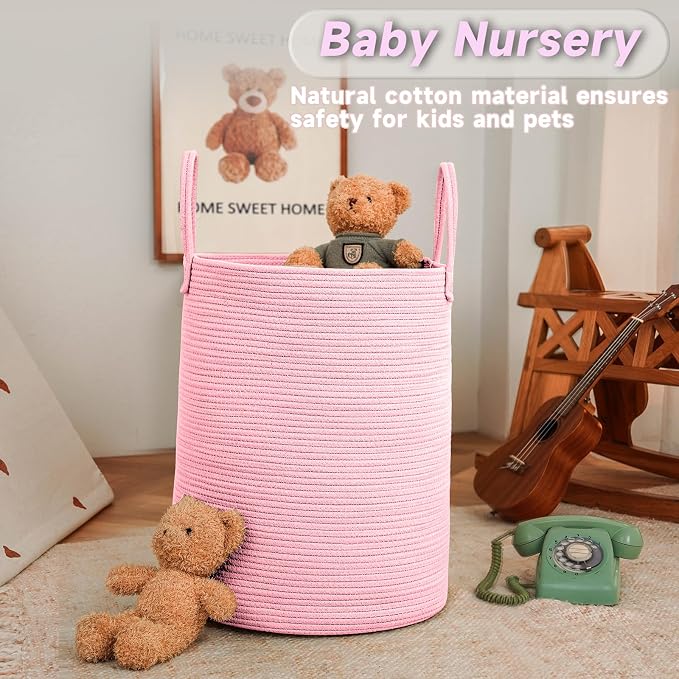 Large Woven Laundry Basket Hamper, 80L Cotton Rope Storage Bin - Image 2