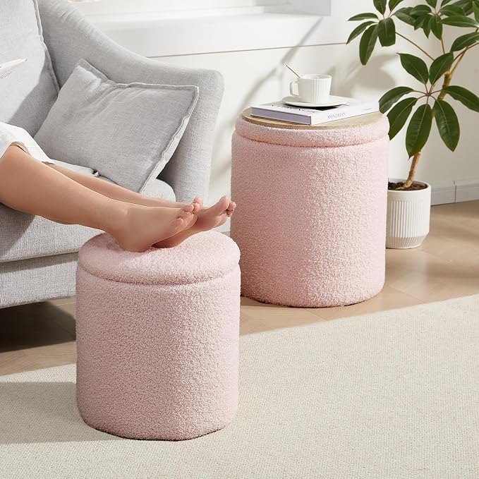 Boucle Round Ottoman with Storage Set of 2, Small Foot Stool Ottoman - Image 8