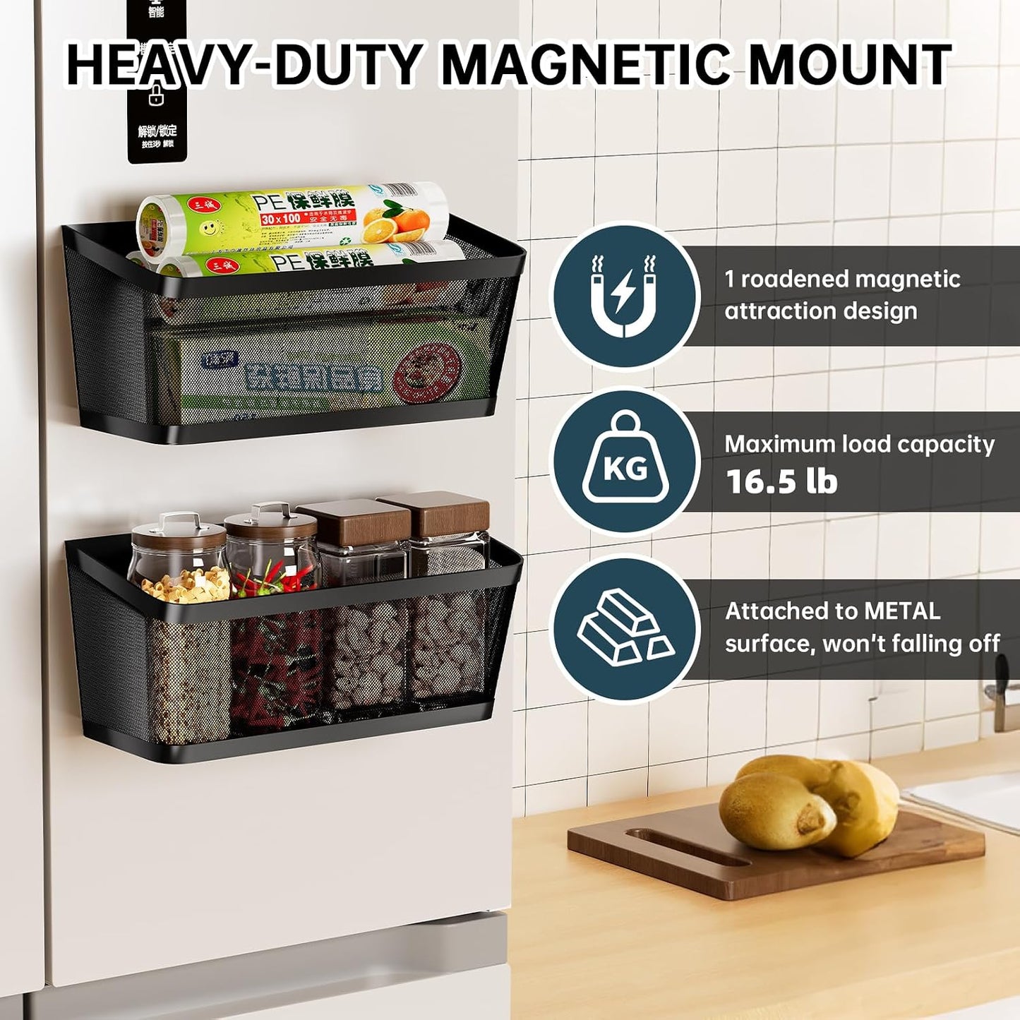 2Pcs Magnetic Spice Rack for Refrigerator, Magnetic Shelves(Extra Large) | Powerful Magnet Hanging Basket Holder, Magnetic Organizer Shelf for Fridge, For Seasonings Fruit Vegetables Coffee Beans