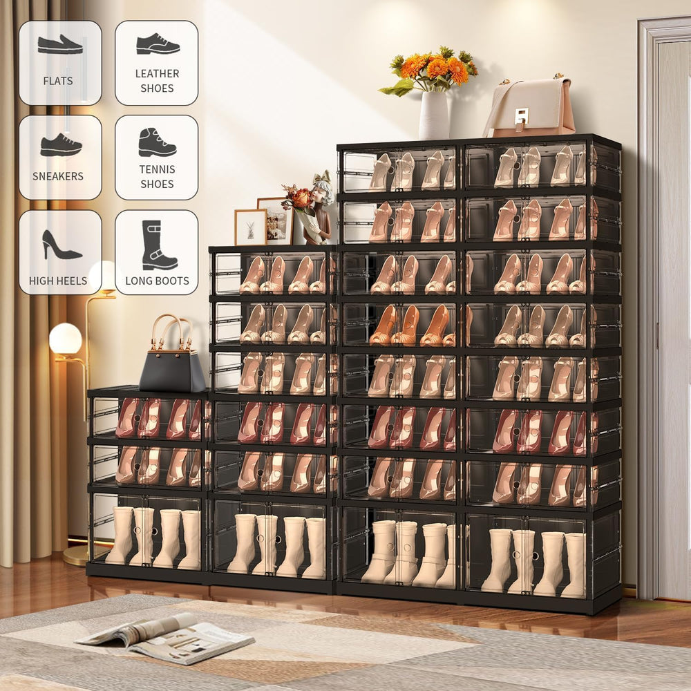 EHAMILY 3-Tier Foldable Shoe Rack, Magnetic Clear Doors, 12 Pairs, Black
