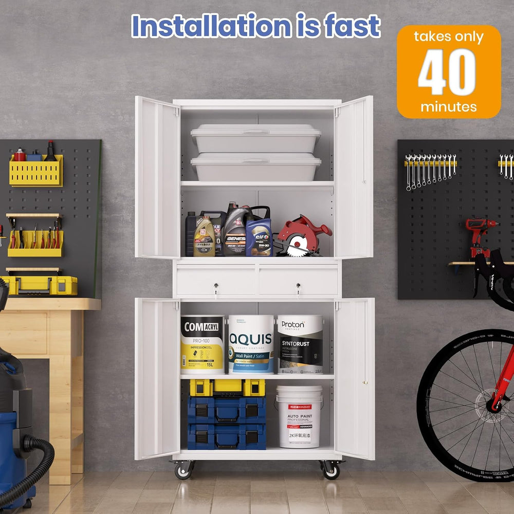 Metal Storage Cabinet with Wheels, 72” Rolling Garage Organizer with Locking ...