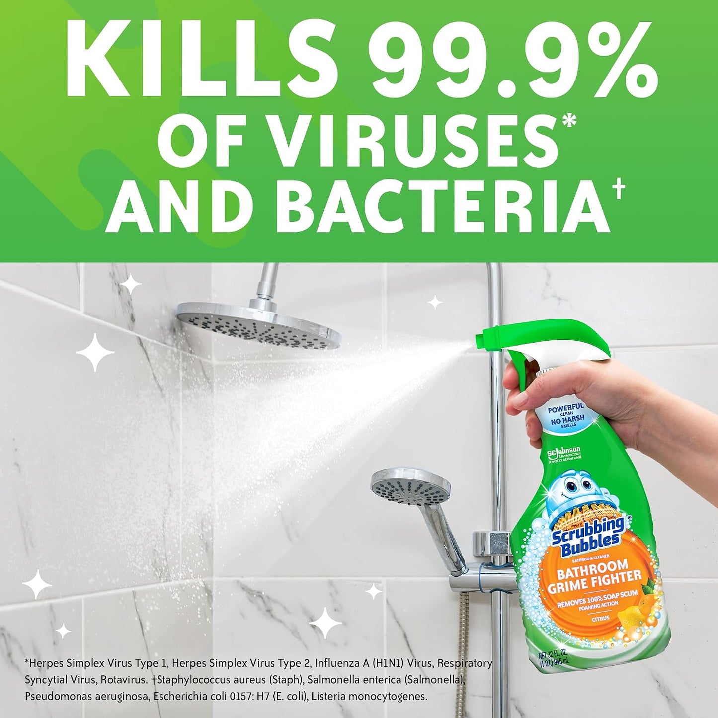 Scrubbing Bubbles Bathroom and Shower Cleaner Disinfectant Spray, Bathroom Grime Fighter, Citrus Scent, 32oz