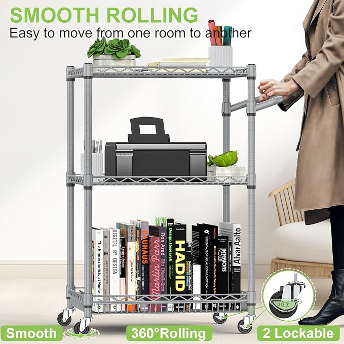 Metal Carts with Wheels, 3 Tier Rolling Utility Carts with Storage, Steel Wire - Image 4