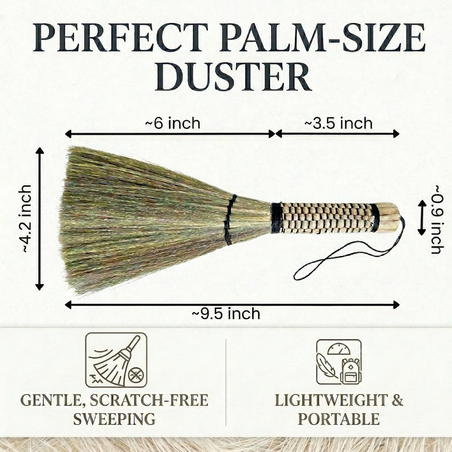 Cozy Leaf Handmade Mini Whisk Broom, Natural Grass Hand Sweeper for Desk, Keyboard, Coffee Bar, Plant & Crumb Cleaning, Woven Handle Palm-Sized Small Broom for Dollhouse & Altar Decor (9.5 Inches)