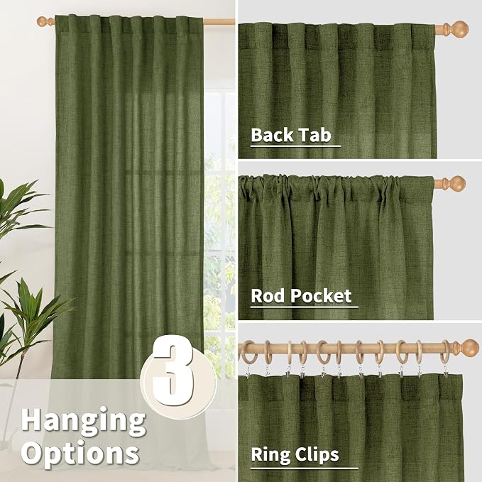 YoungsTex Olive Green Linen Curtains 63 Inch Length - Image 6