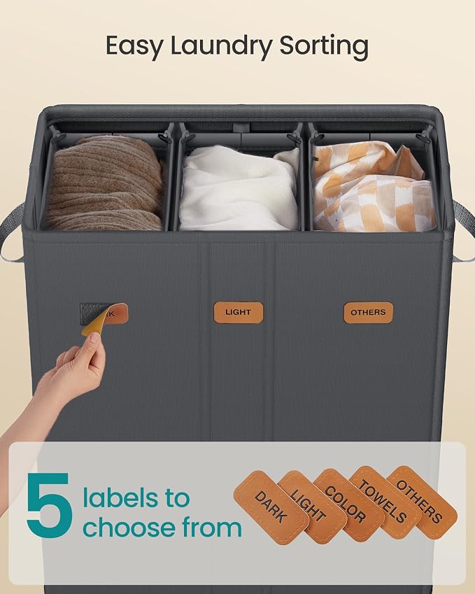 SONGMICS 42.2 Gallon Laundry Hamper, 3-Compartment Laundry Basket Sorter - Image 4