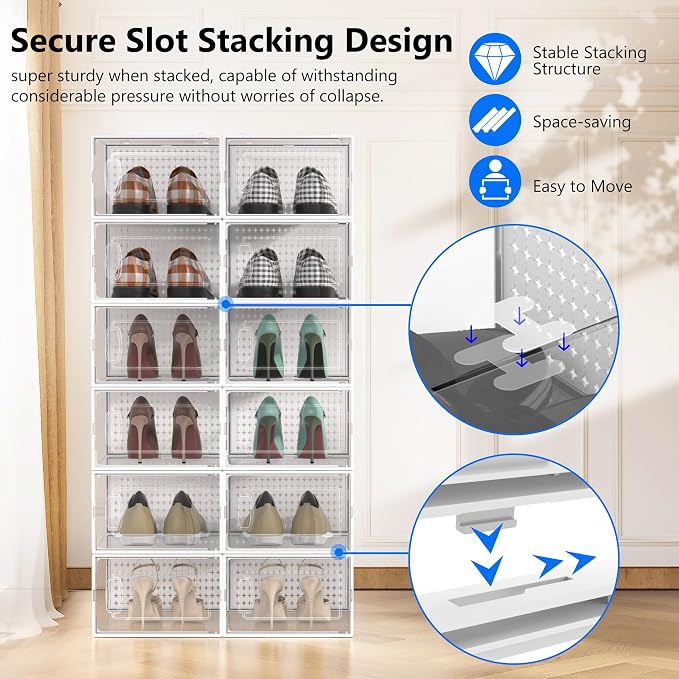 12 Pack X-Large Modular Clear Plastic Stackable Shoe Storage Organizer - Image 3