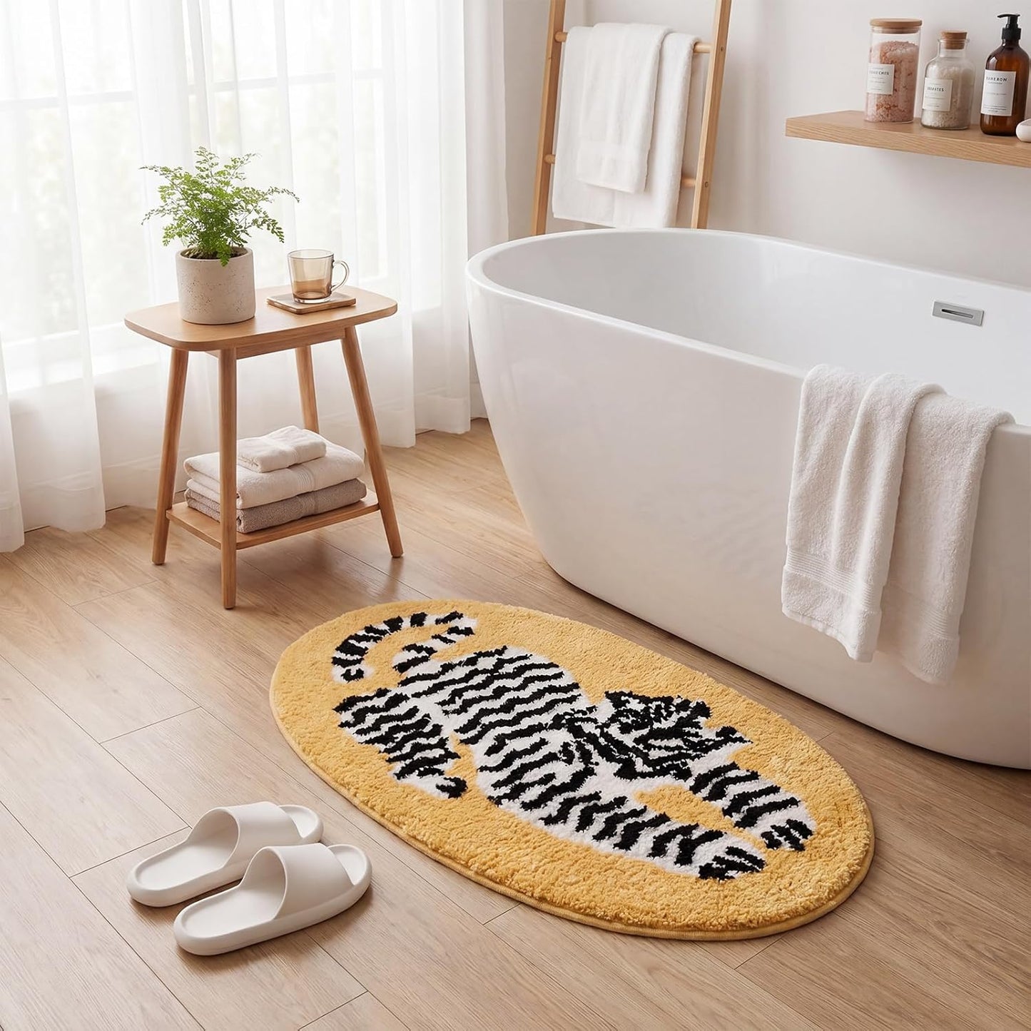 Tinideya 31 x 20 Inch Oval Tiger Bath Rug Yellow Tiger Floor Mat Soft Plush Absorbent Non Slip Bathroom Door Mat for Bathroom Shower Bedroom Living Room Animal Print Home Decoration