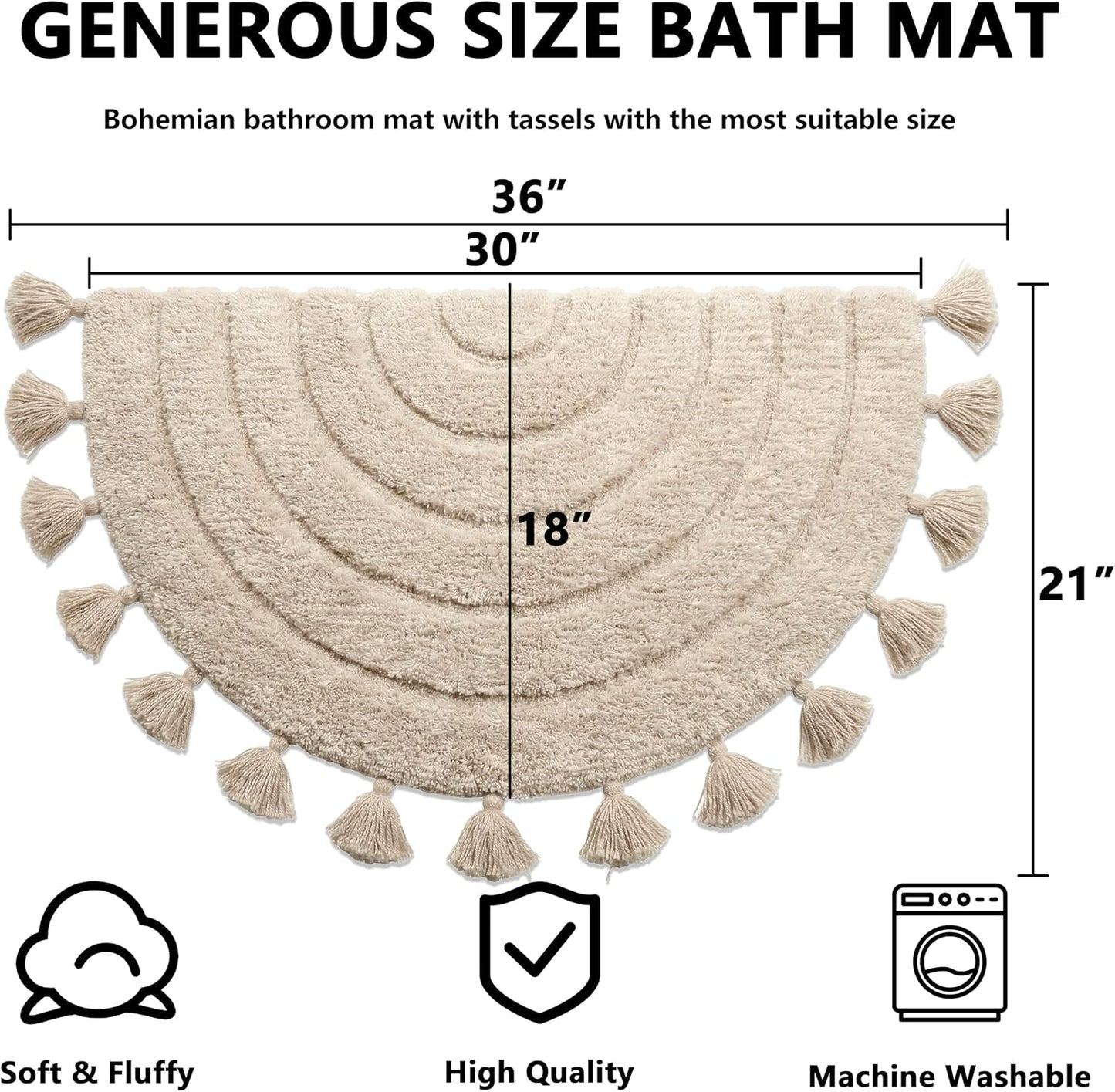 Cute Boho Bathroom Rug with Tassels, Non Slip Absorbent Plush Soft Half Circle Bath Mat, Hand-Woven Fun Semicircle Bath Rug for Bathroom Floor, Bohemian Decor, Machine Washable, 20"x32", Beige