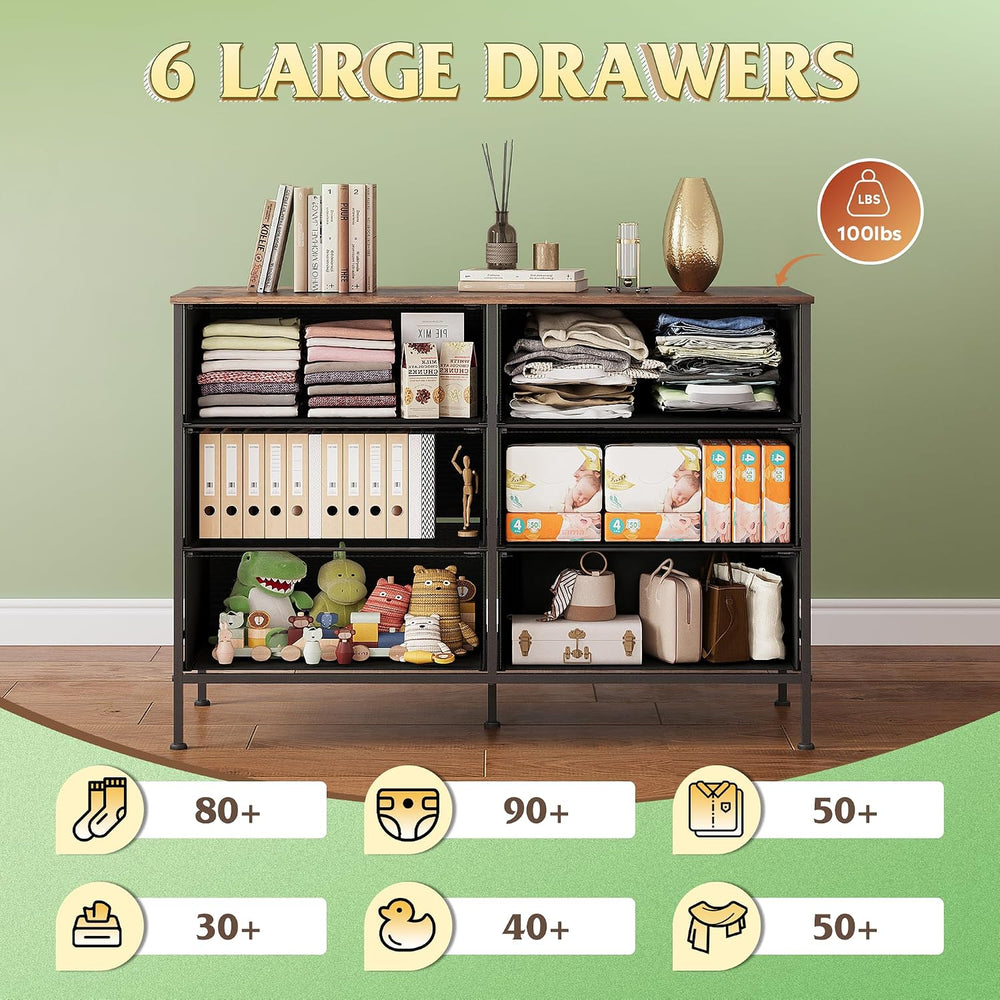 WLIVE Dresser for Bedroom with 6 Fabric Drawers, Black and Rustic Brown