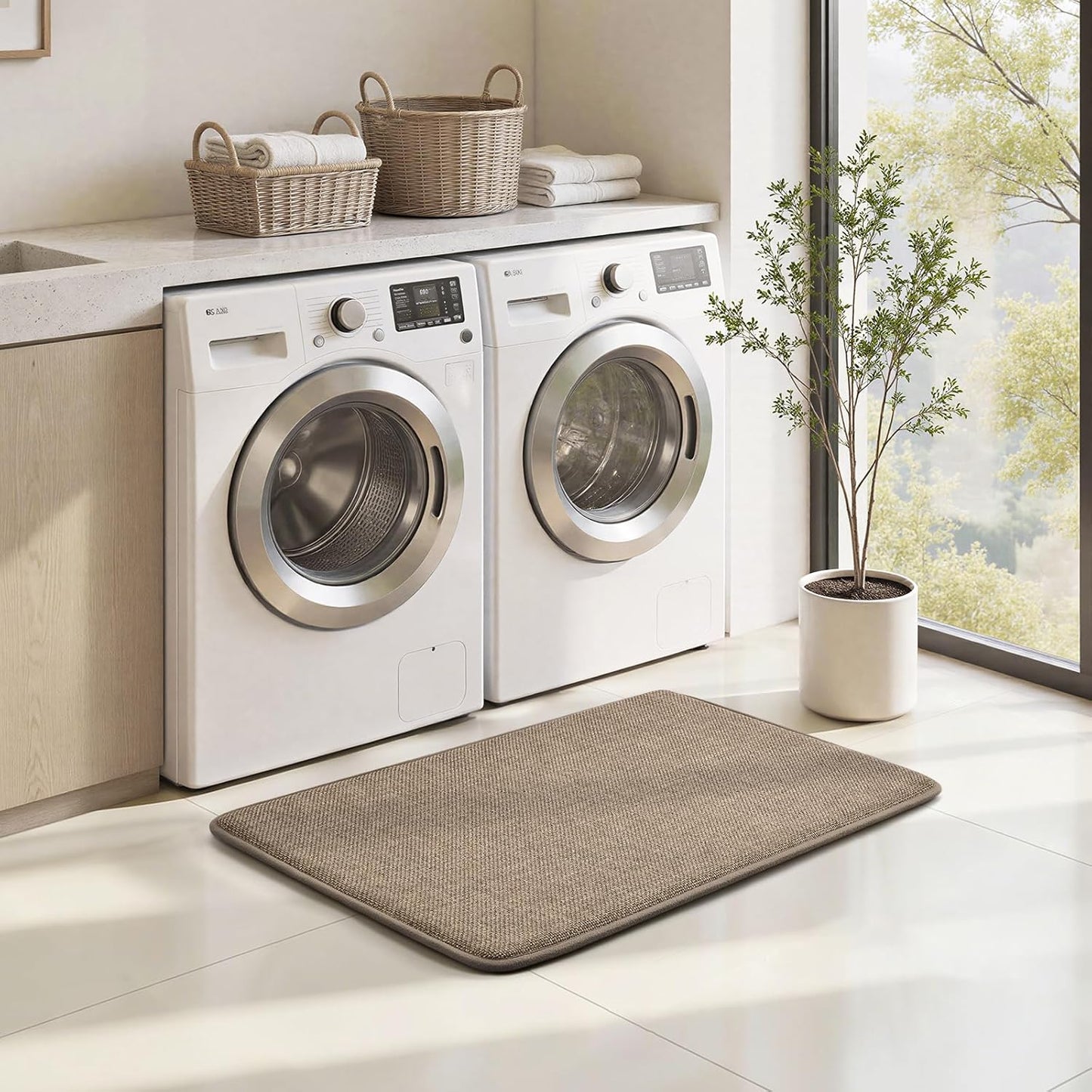 HOMEIDEAS Memory Foam Bathroom Rugs Set 2 Piece, Ultra Absorbent Quick Dry Bath Mats, Linen-Like Boho Bathroom Rug Set for Bath Floor, Shower & Tub (Beige, 32"x20" + 24"x17")