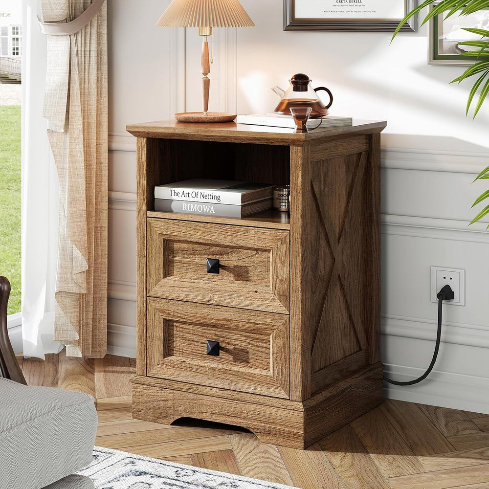 Farmhouse X-Pattern 2 Drawers Dresser,Natural Oak Small Dresser for Bedroom