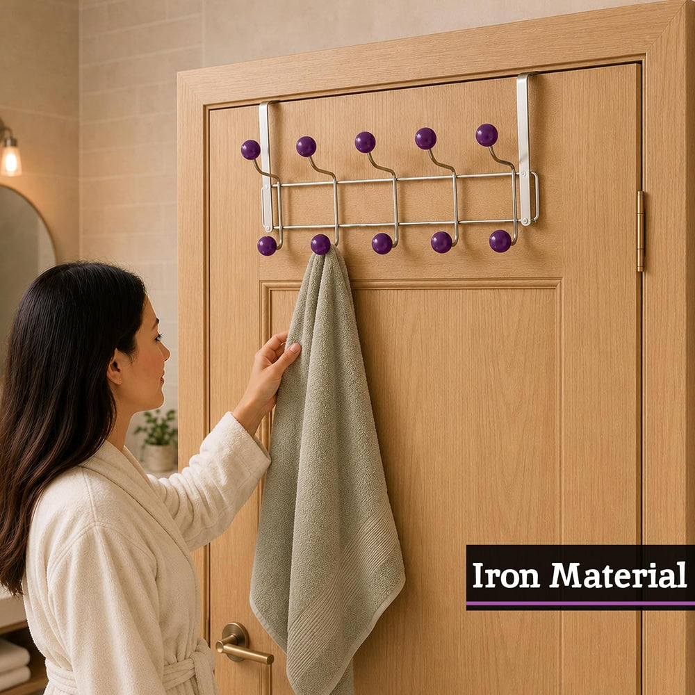 Premier Purple Over Door Coat Hooks - 10 Hooks, Chrome Finish, Modern Minimal...