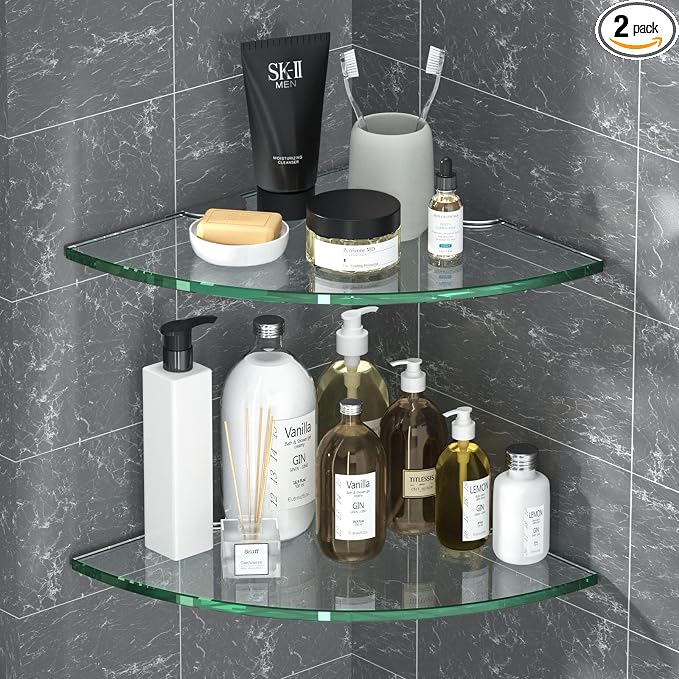 Corner Glass Shower Caddy 2 Pack 8MM-Thick Tempered Glass Shelf No Drilling by decorstat