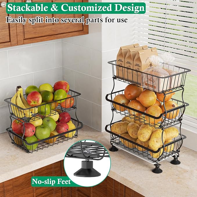 5 Tier Fruit Basket for Kitchen, Stackable Bins Wire Rack - Image 5