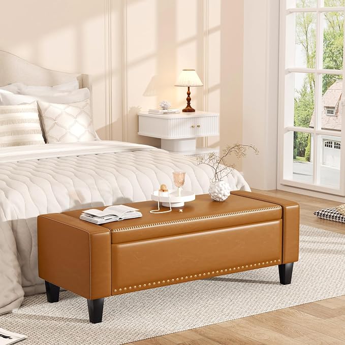 48.8" Storage Ottoman Bench Brown | Faux Leather Bedroom Bench by Akmakm