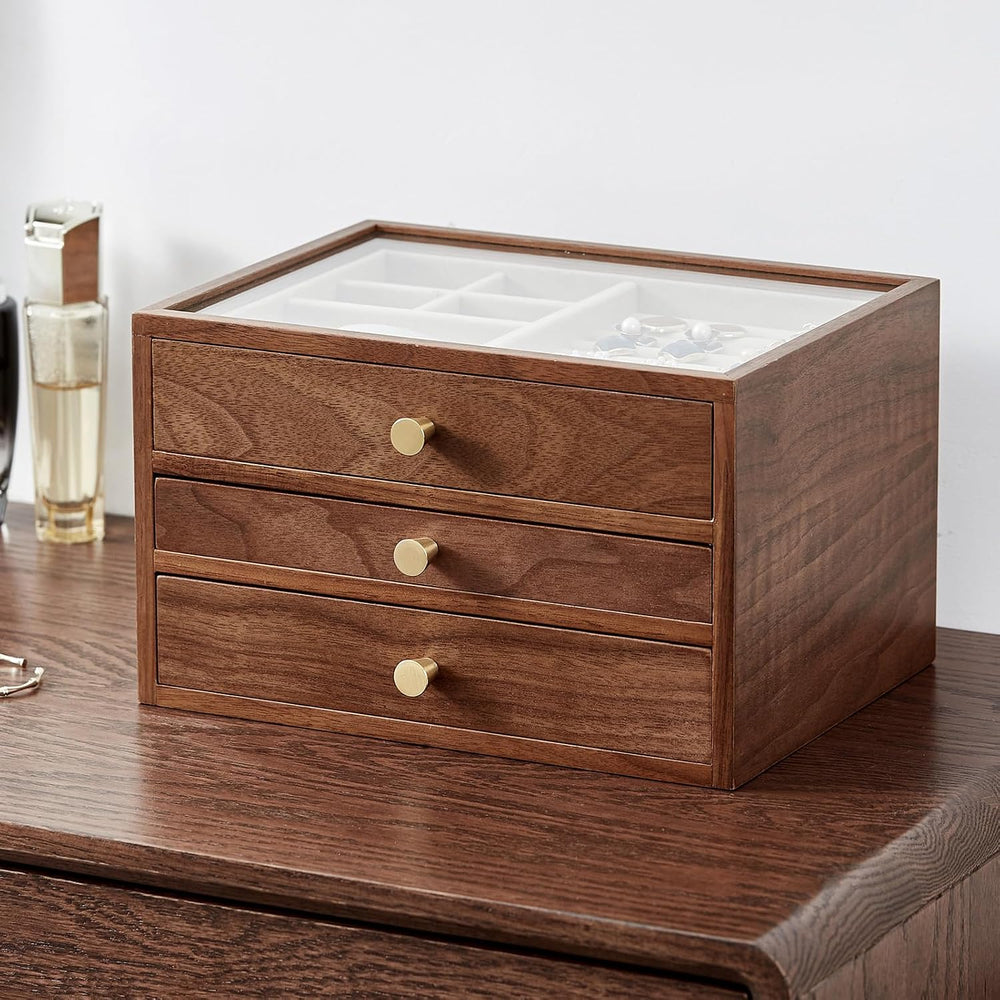 CHOSIN Black Walnut Jewelry Box Wood for Women with Glass Lid, 3 Layer