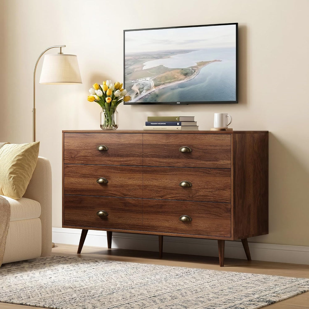Walnut 6 Drawer Dresser for Bedroom, 47" Wood Dresser with Gold Handles.