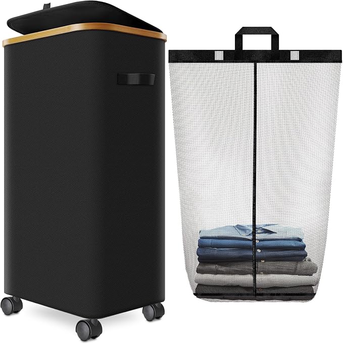 Laundry Hamper with Wheels, 29 Gal Laundry Basket with lid Rolling Clothes by Wuevu