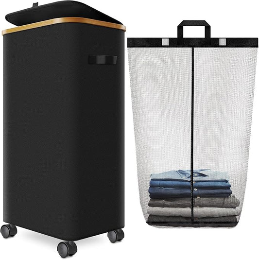 Laundry Hamper with Wheels, 29 Gal Laundry Basket with lid Rolling Clothes by Wuevu