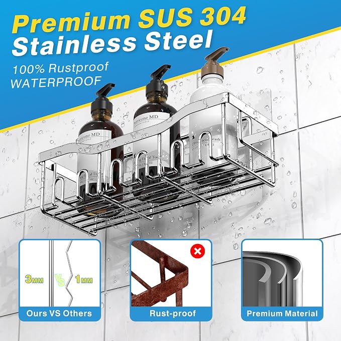EUDELE 5-Pack Rustproof Stainless Steel Shower Caddy – No Drill Adhesive - Image 5