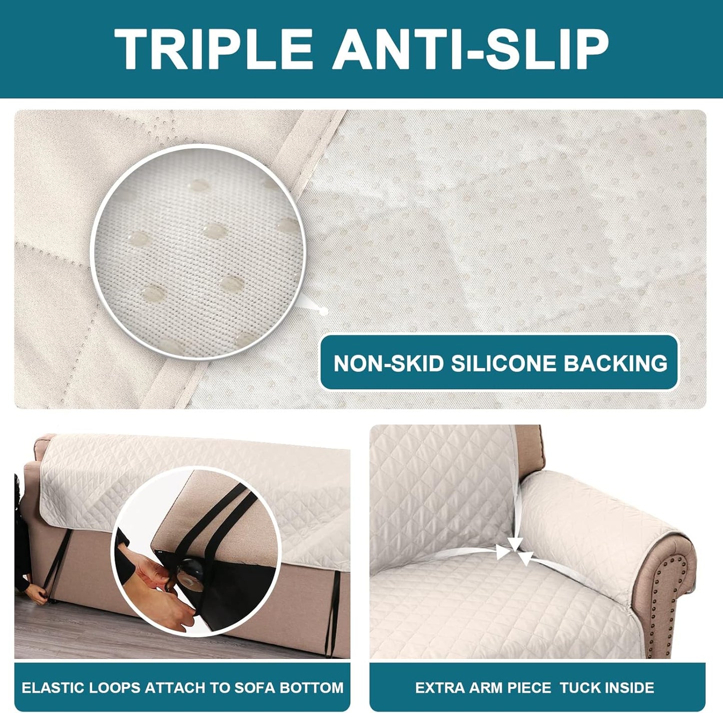 Turquoize 100% Waterproof Sofa Covers Couch Cover Sofa Cover for Dogs Couch Protector Triple Non-Slip Sofa Slipcover for 3 Cushion Couch Furniture Protector for Pets, Kids,Dog (Sofa 70", Ivory)