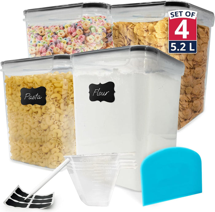 Reli. 5.2L Airtight Food Storage Containers with Lids (4 Sets) | Kitchen Organizers and Storage Pantry Organizers | BPA Free Plastic Container Set w/ 4 Measuring Cups, Dough Scraper, 6 Labels, Pen