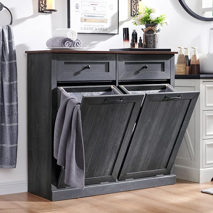 Double Tilt Out Laundry Hamper Cabinet, 20 Gallon Farmhouse Trash Can Cabinet by IFBUYFarmhouseFurniture