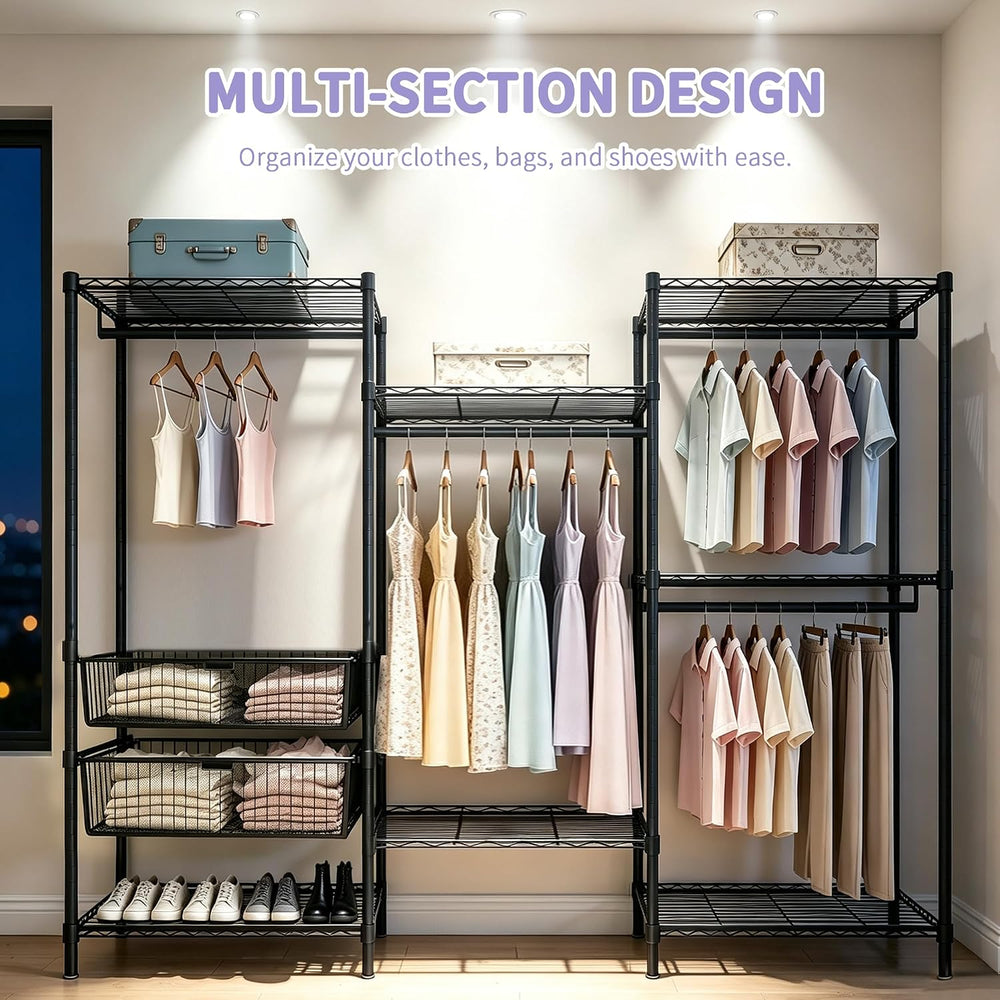 Heavy Duty Clothes Rack, Garment Rack with 4 Hanging Rods, 6 Adjustable Wire ...