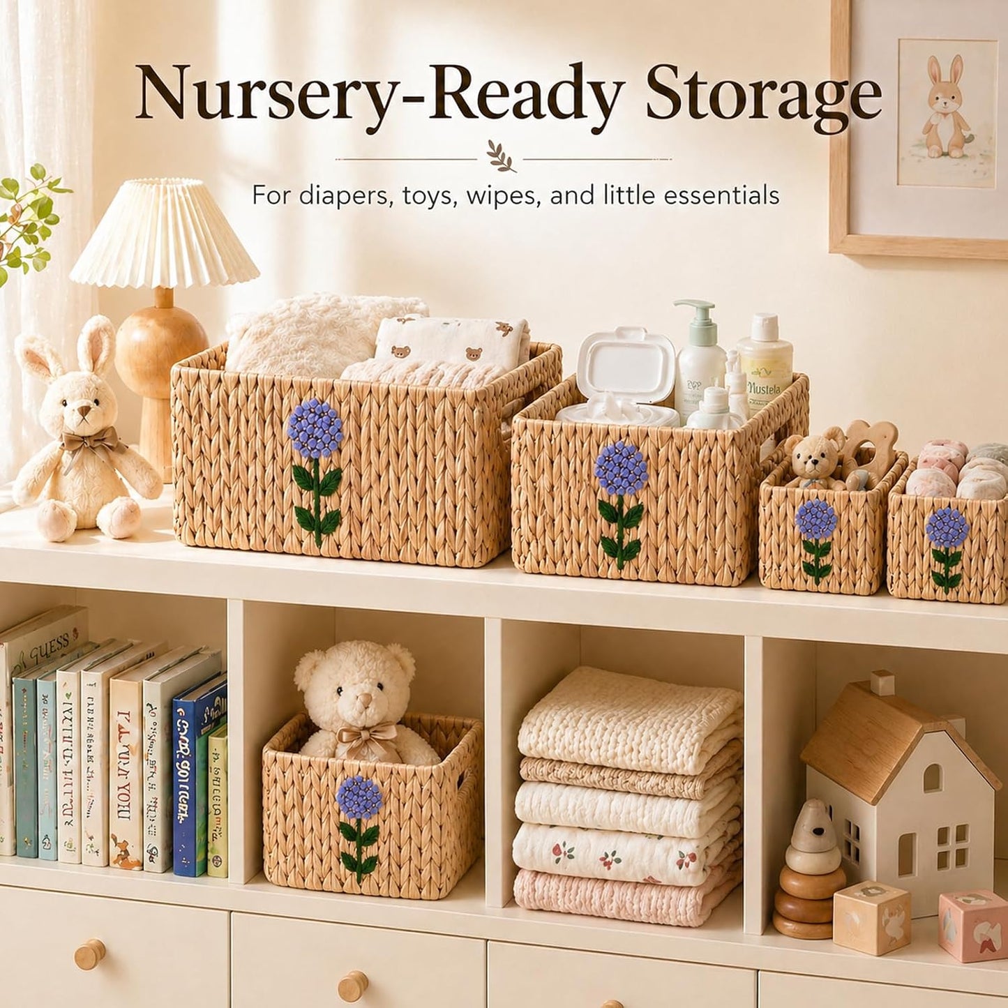 Water Hyacinth Woven Decorative Baskets - Pantry Organizers and Storage | Set of 5 Handwoven Organizer Bins with Hand-Embroidered Flower, Built-in Handles, Shelf Baskets for Nursery, Bathroom