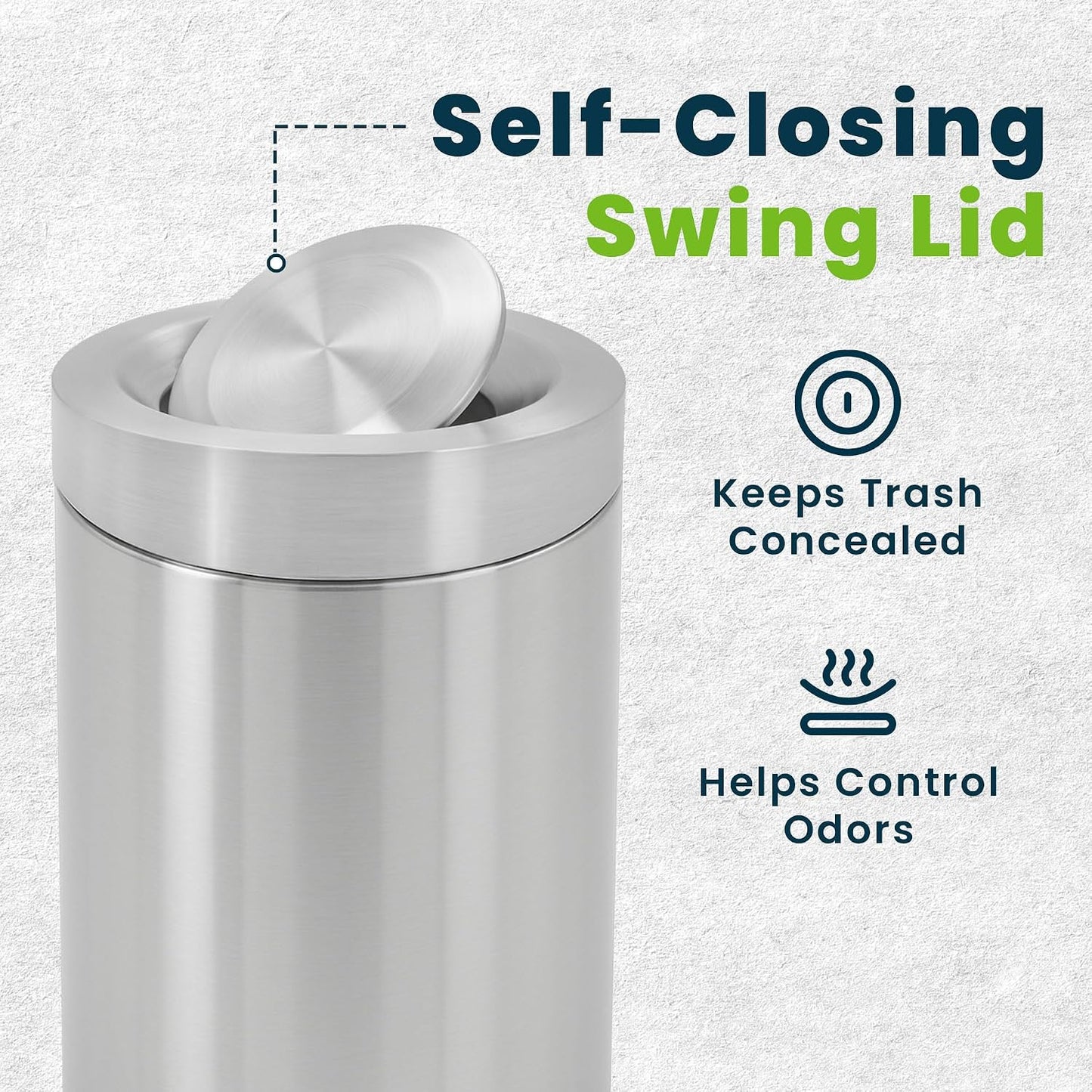 Alpine Swing Lid Commercial Stainless Steel Trash Can – Open Top 50-Gallon Heavy-Duty Garbage Can, Modern, Round, Large Waste Receptacle for Indoor Use High-Traffic Areas - Brushed Silver