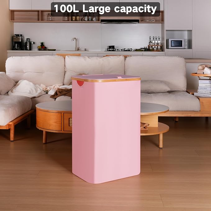 100L Laundry Hamper with Lid, Lagre Basket with Bamboo Handles, Foldable - Image 6